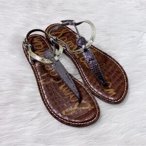 Sam Edelman Metallic Pewter Gold Foil Snakeskin Snake Textured Gigi Thong Sandal